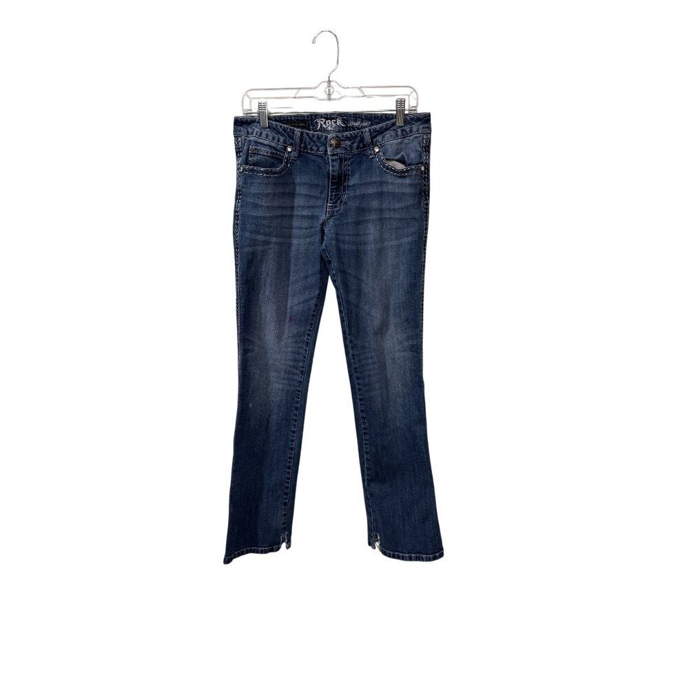 Rock 47 By Wrangler Womens Ultra Low Rise Jeans Bootcut Distressed Denim Sz 7/8